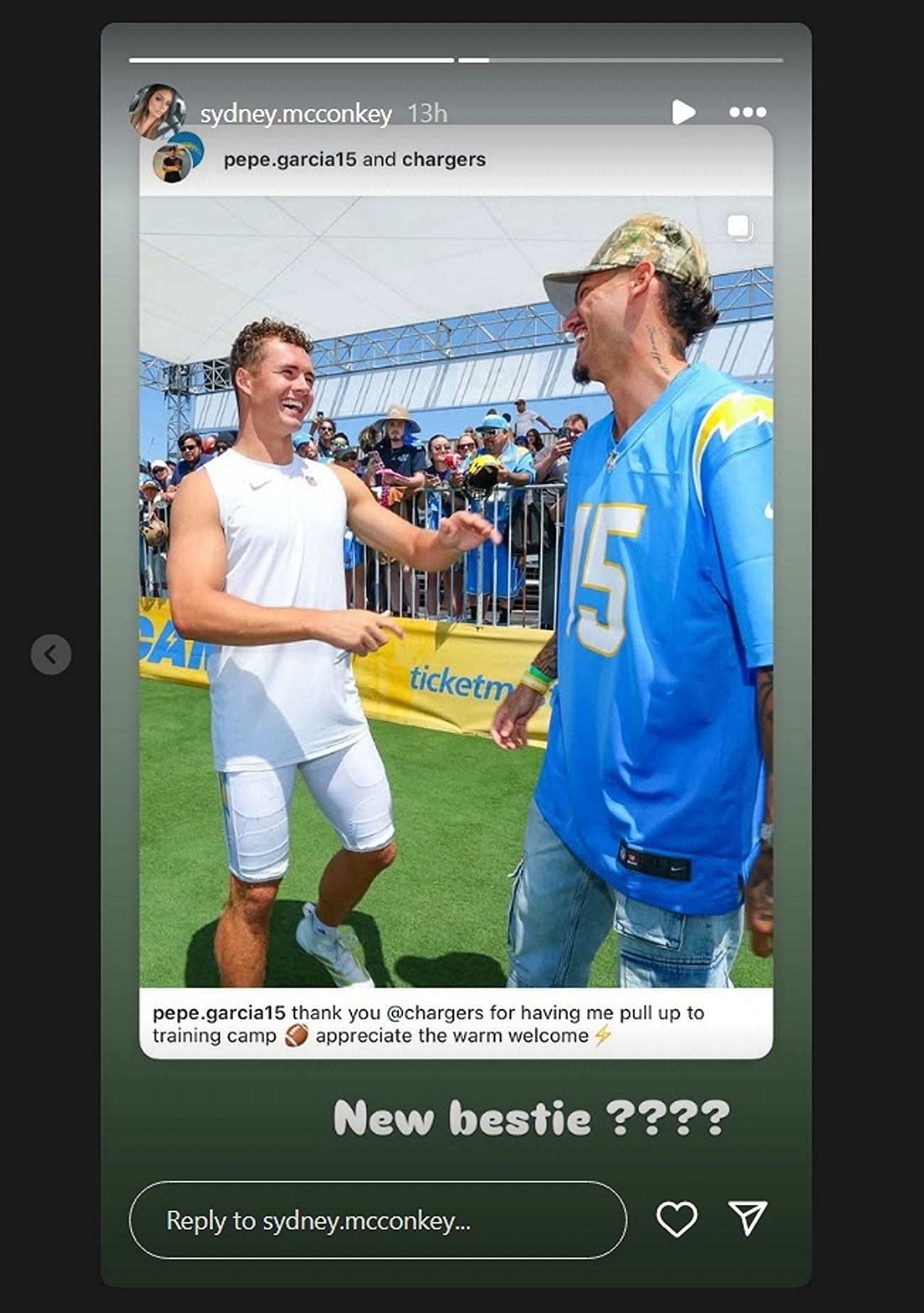 Ladd McConkey's wife, Sydney, drops 2-word reaction to WR bonding with ‘Love Island’ star Jose Garcia at Chargers camp/@sydney.mcconkey